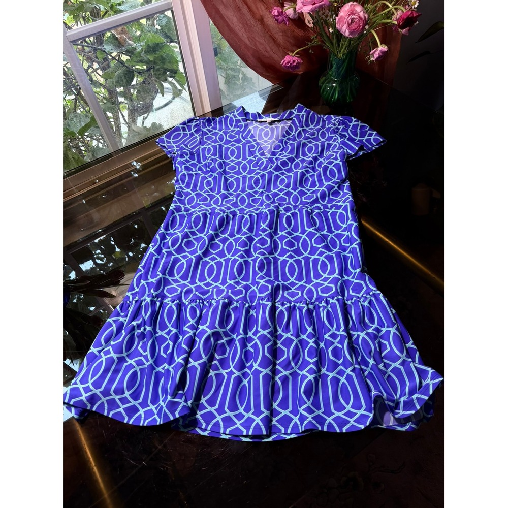 Jude Connally Purple Blue Geometric Tiered V-Neck Dress